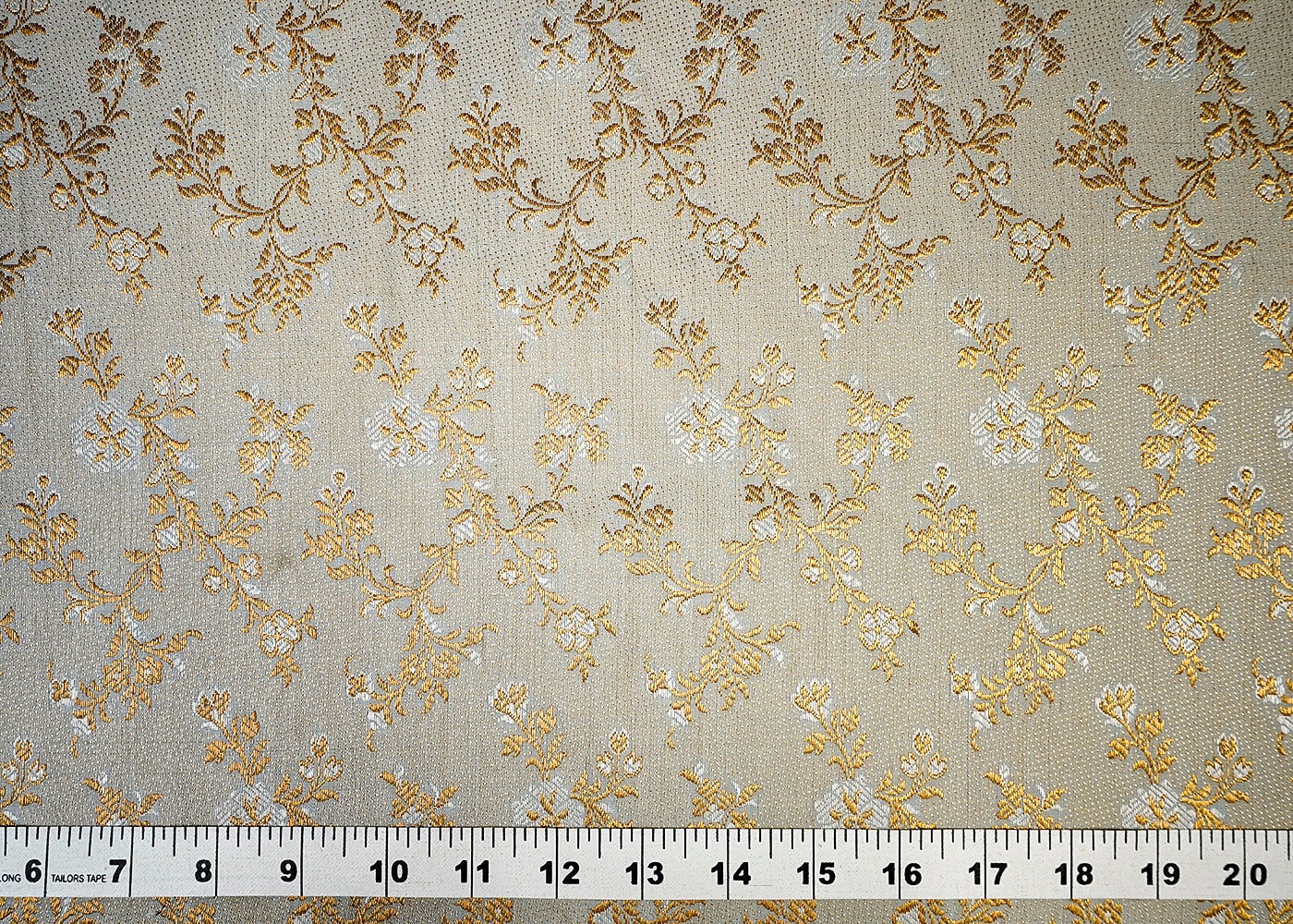 (Pre-Cut 1.5 MTR) Grey Banarasi Brocade Fabric With All Ove Golden Zari Handloom 18382