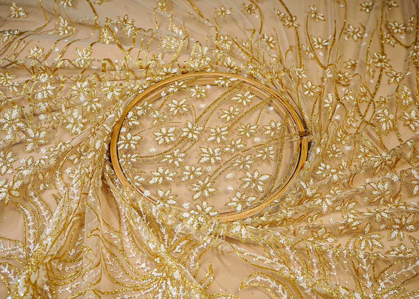 (Pre-Cut 3.5 MTR) Golden Net Fabric With All Over Gliter Work And One Side Border 18385
