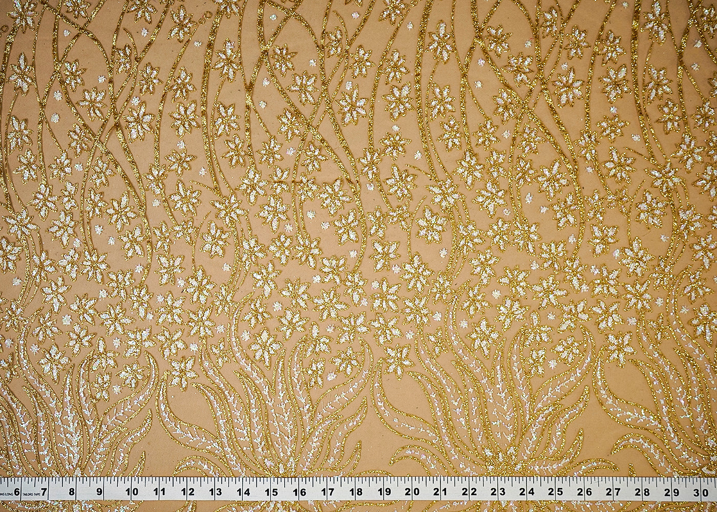 (Pre-Cut 3.5 MTR) Golden Net Fabric With All Over Gliter Work And One Side Border 18385