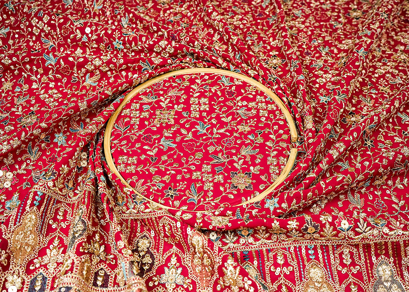 (Pre-Cut 0.9 MTR) Rani Pink Georgette Fabric With All Over Zari And Sequins Work With One Side Heavy Border 18386