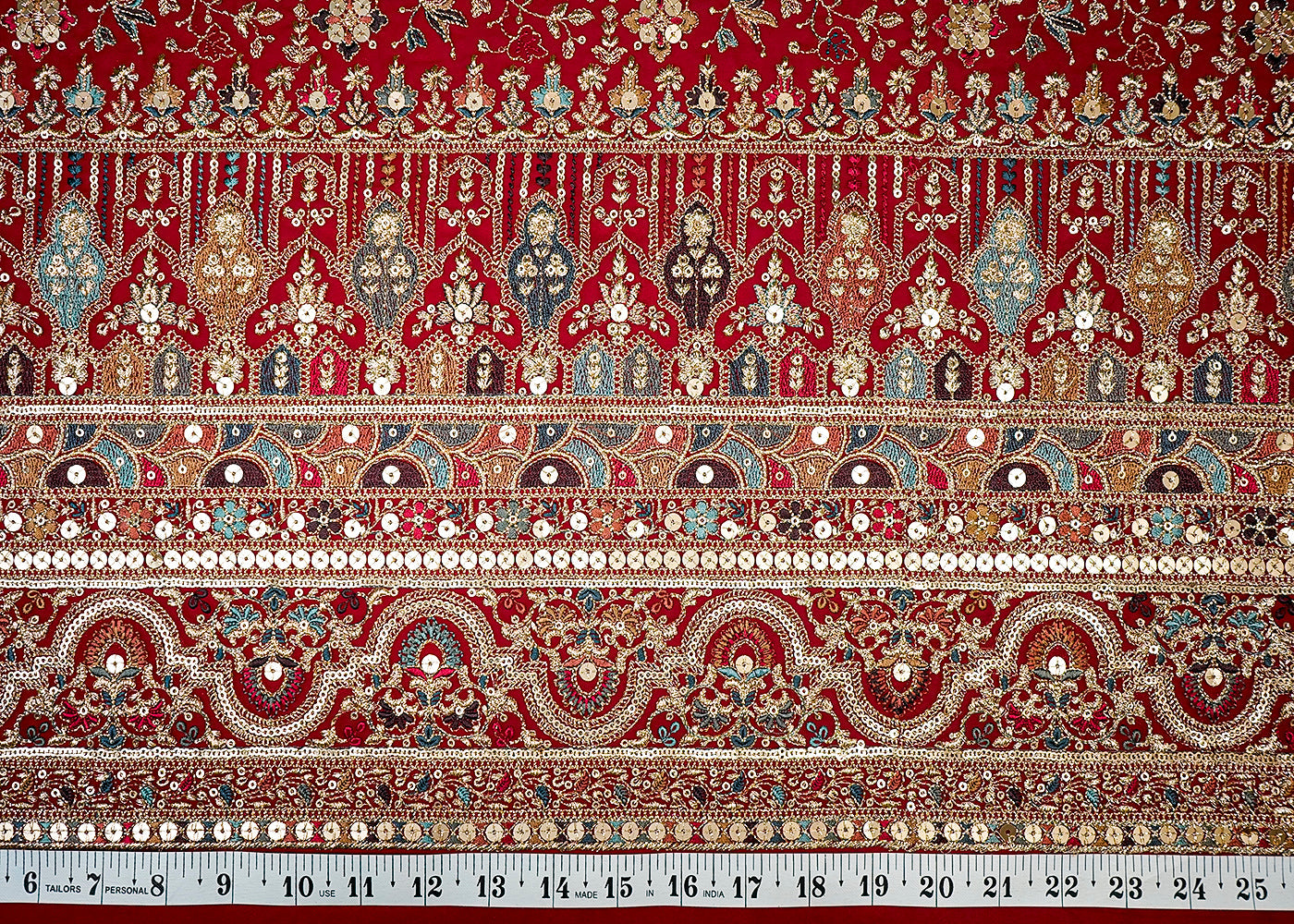 (Pre-Cut 0.9 MTR) Rani Pink Georgette Fabric With All Over Zari And Sequins Work With One Side Heavy Border 18386