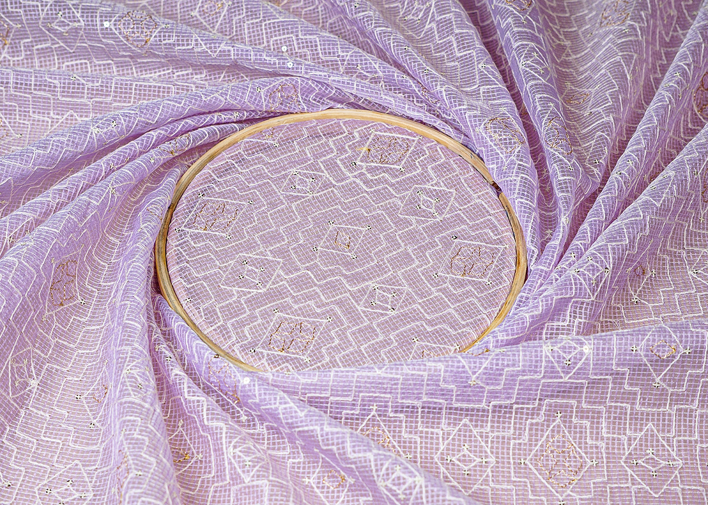 (Pre-Cut 2.5 MTR) Lavender Kotadoria Fabric With All Over Thread Work 18387