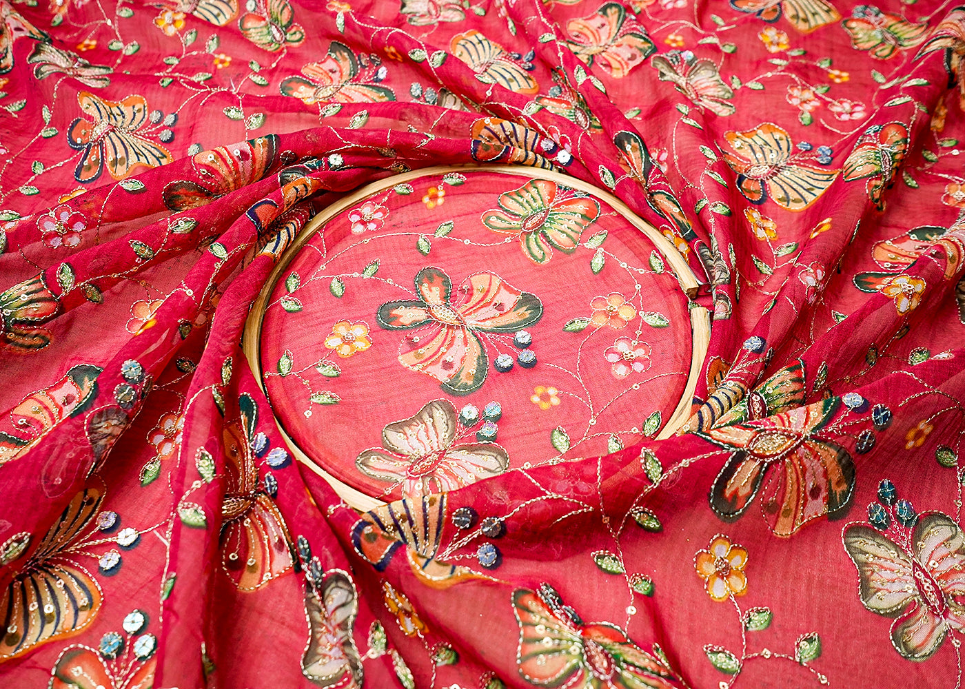 (Pre-Cut 1.35 MTR) Maroon Organza Fabric With All Over Floral Print With Zari And Sequins Work 18388