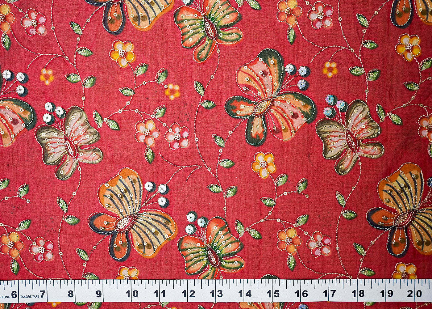 (Pre-Cut 1.35 MTR) Maroon Organza Fabric With All Over Floral Print With Zari And Sequins Work 18388