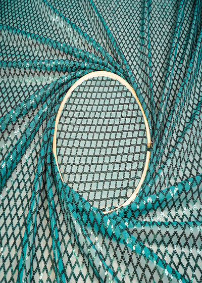 (Pre-Cut 2.35 MTR) Bottle Green Lycra Net Fabric With All Over Sequins Work 18390