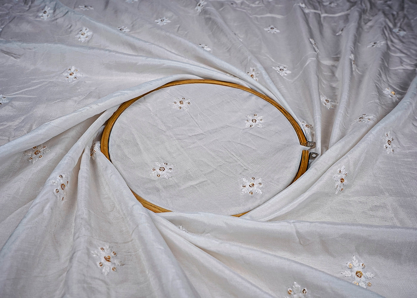 (Pre-Cut 2.25 MTR) White Upara Silk Fabric With All Over Thread And Sequins Work 18393