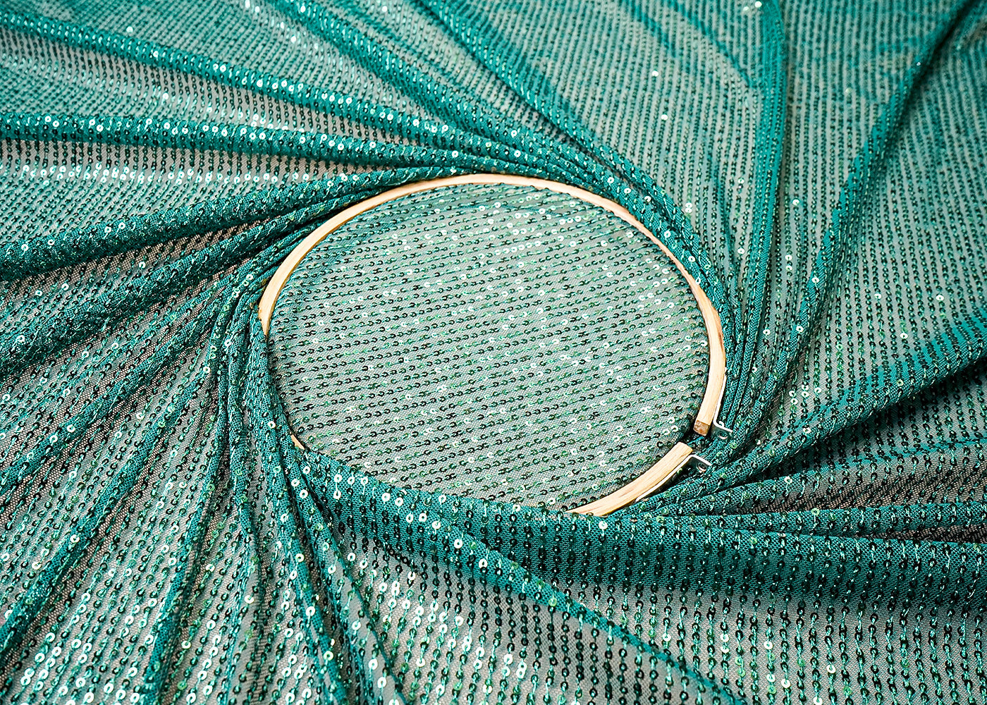 (Pre-Cut 3.5 MTR) Bottle Green Lycra Net Fabric With All Over Sequins Work 18394