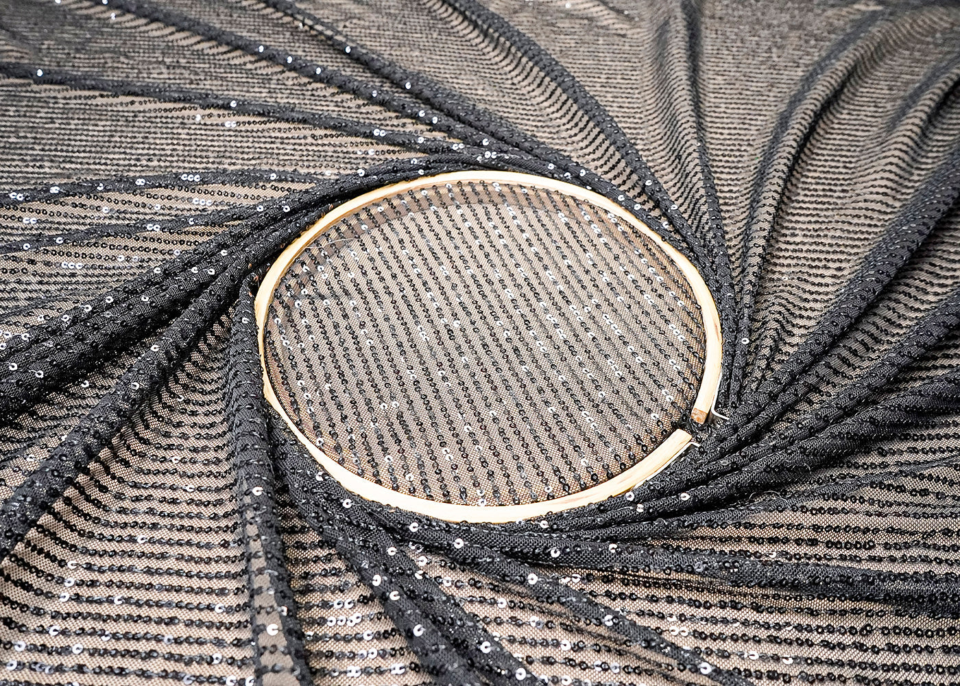 (Pre-Cut 2 MTR) Black Lycra Net Fabric With All Over Sequins Work 18400