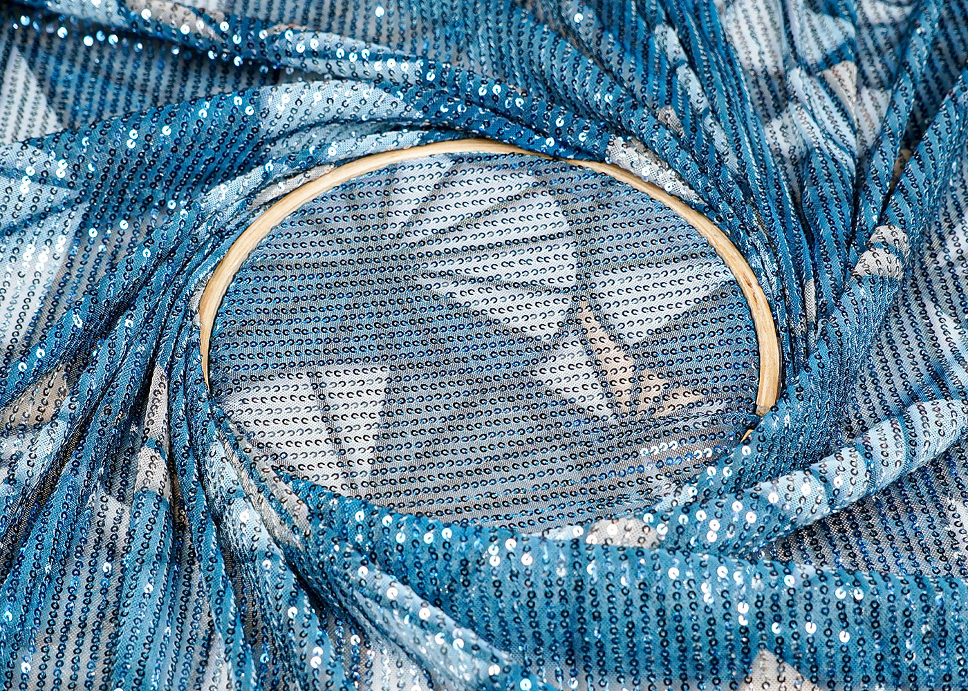 (Pre-Cut 3.65 MTR) Blue Lycra Net Fabric With All Over Abstract Print And Sequins Work 18401