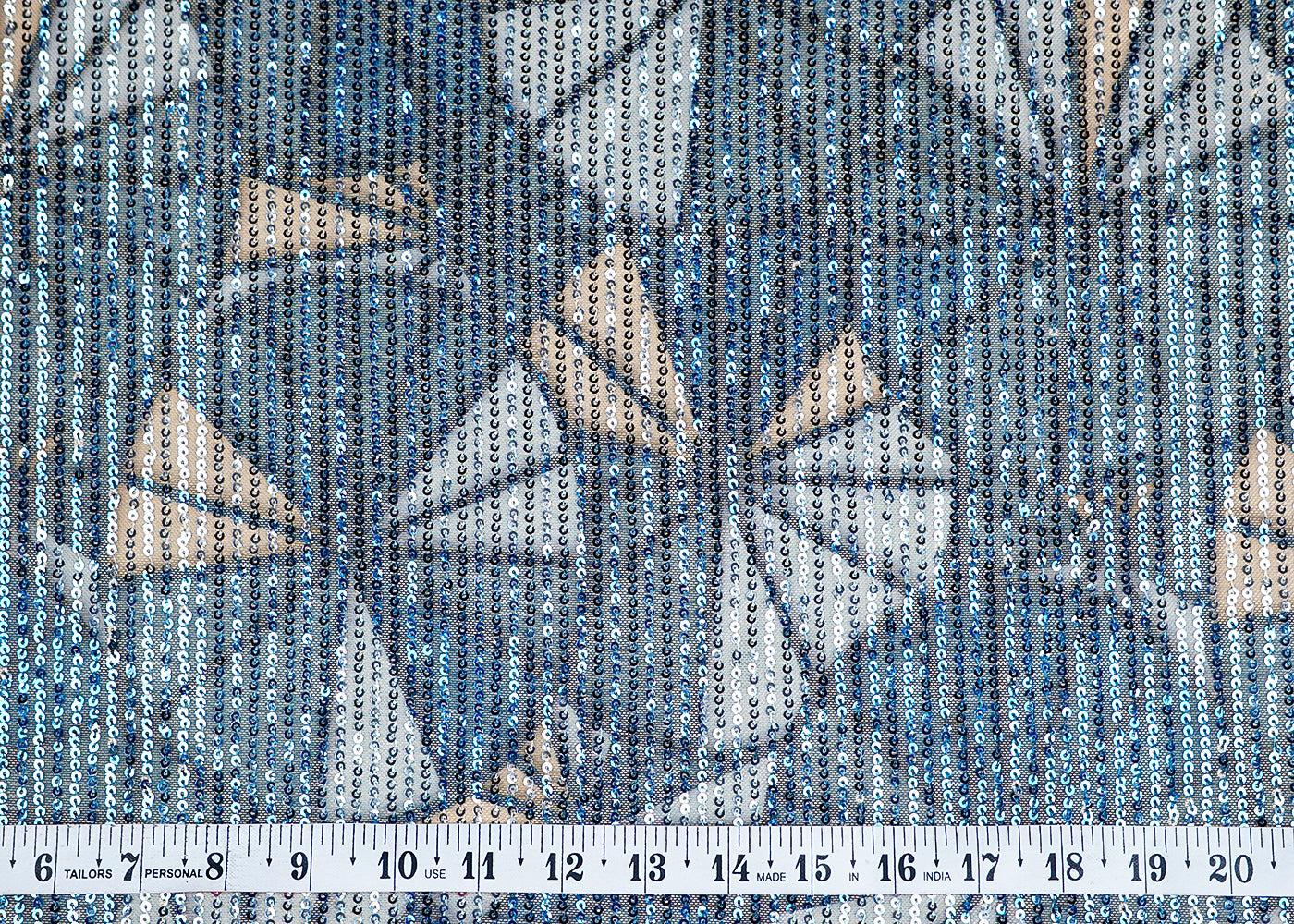 (Pre-Cut 3.65 MTR) Blue Lycra Net Fabric With All Over Abstract Print And Sequins Work 18401