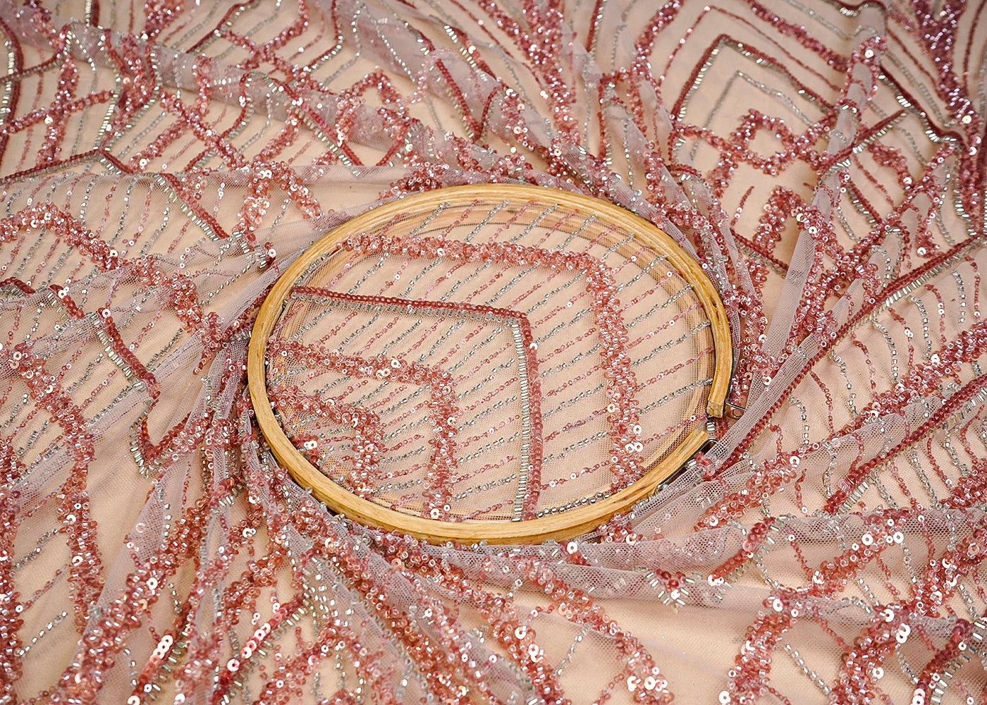 (Pre-Cut 1 MTR) Pink Imported Net Fabric With All Over Sequins Bead And Katdana 18404