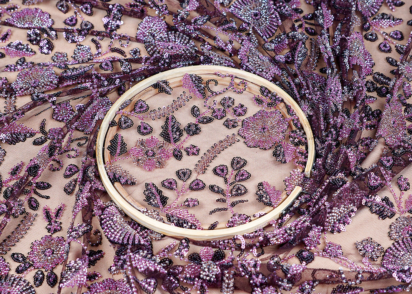 (Pre-Cut 1.6 MTR) Mauve Imported Net Fabric With All Over Sequins And Bead Work 18405