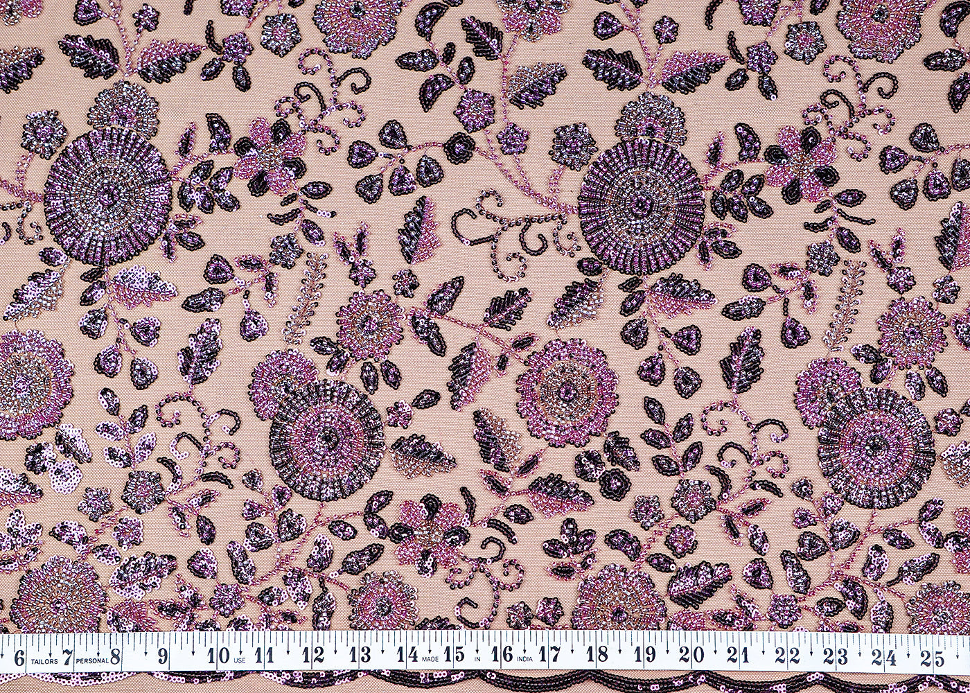 (Pre-Cut 1.6 MTR) Mauve Imported Net Fabric With All Over Sequins And Bead Work 18405