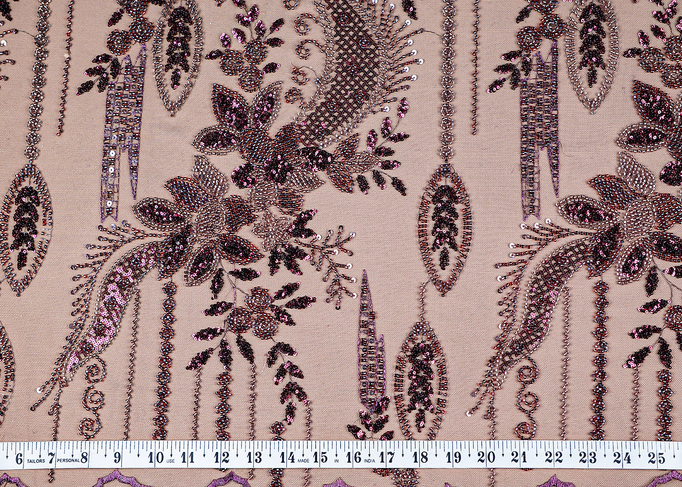 (Pre-Cut 1.65 MTR) Wine Imported Net Fabric With All Over Sequins And Bead Work  18406