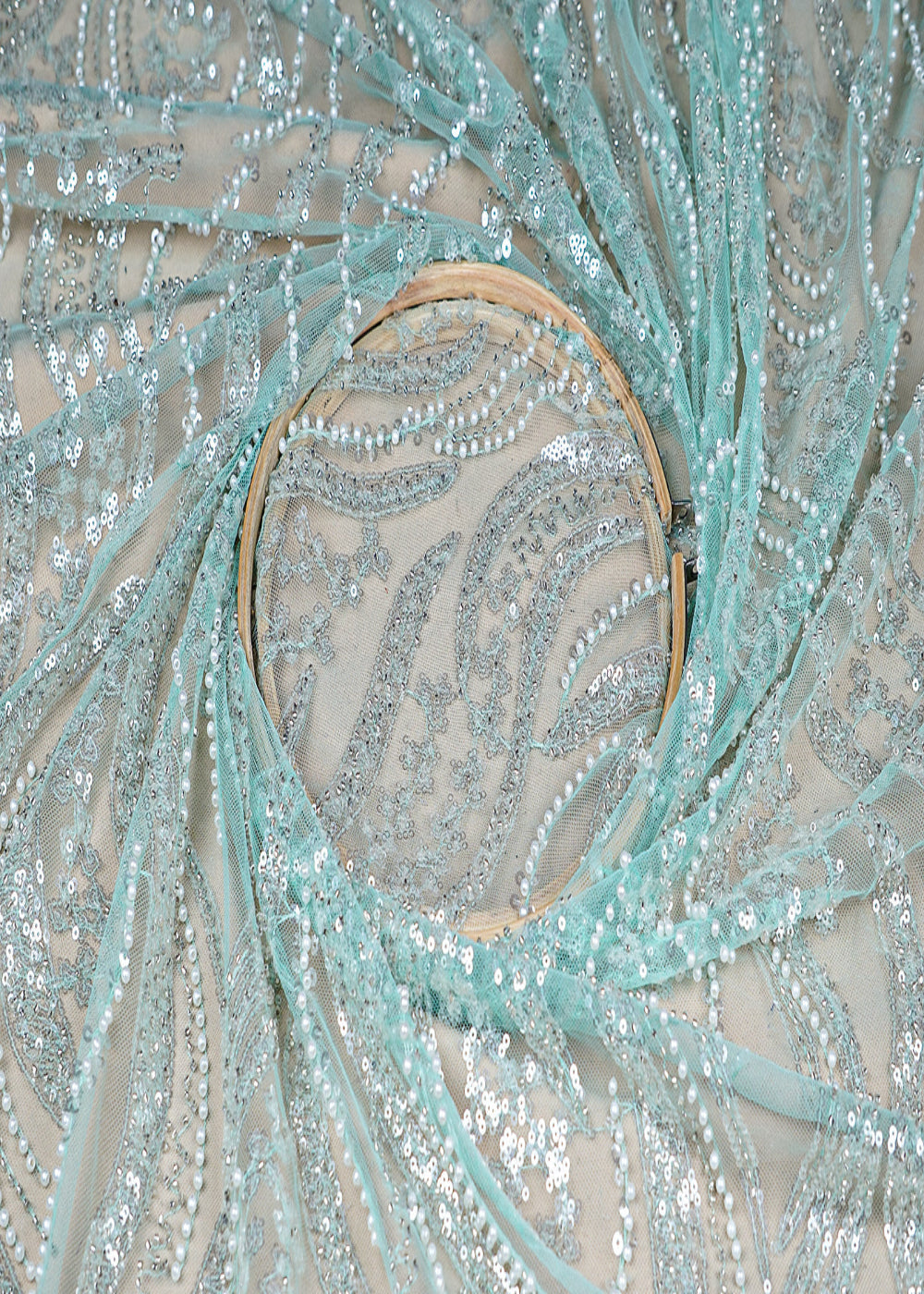 (Pre-Cut-2.5-MTR)-Sea-Green-Imported-Net-Fabric-With-All-Over-Sequins-And-Bead-Work-18408