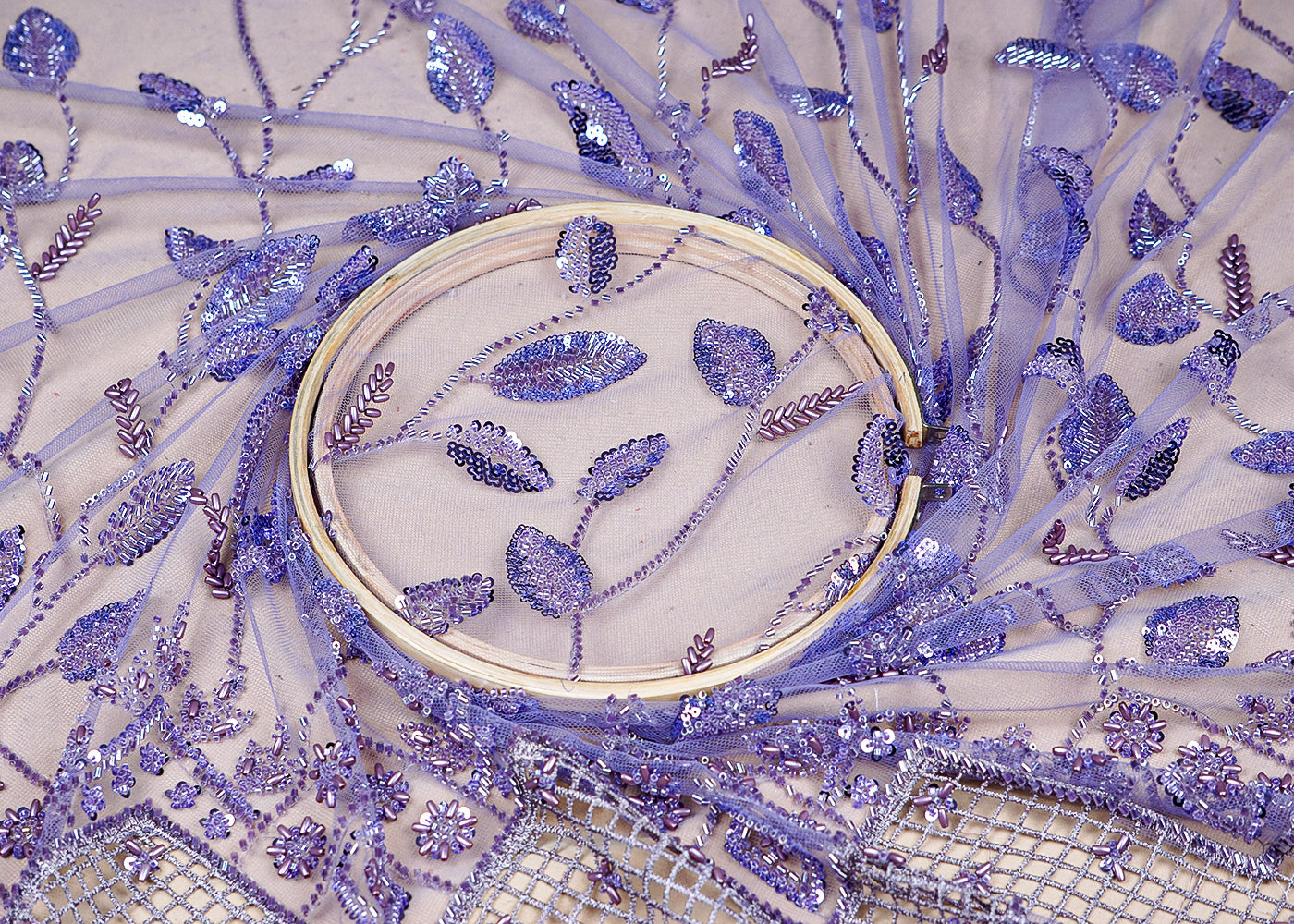 (Pre-Cut 1.65 MTR) Lavender Imported Net Fabric With All Over Sequins Katdana And Bead Work With One Side Cutwork Border 18409