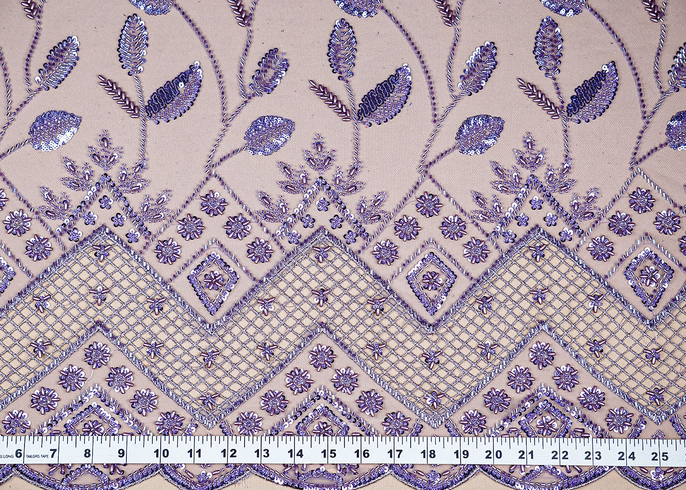 (Pre-Cut 1.65 MTR) Lavender Imported Net Fabric With All Over Sequins Katdana And Bead Work With One Side Cutwork Border 18409