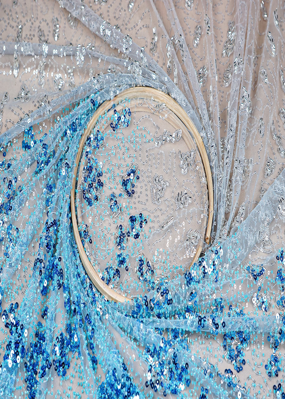 (Pre-Cut-2.1-MTR)-Blue-Imported-Net-Fabric-With-All-Over-Sequins-And-Bead-Work-18410