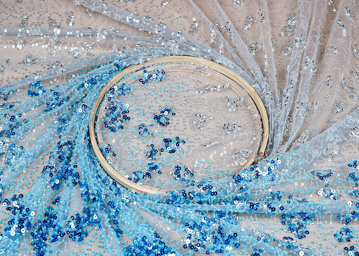 (Pre-Cut 2.1 MTR) Blue Imported Net Fabric With All Over Sequins And Bead Work 18410