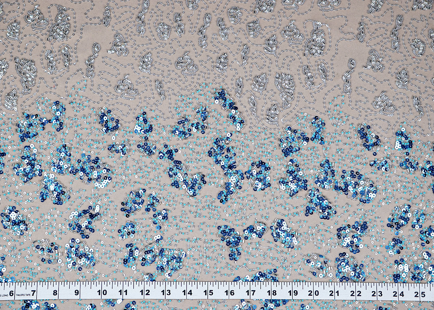 (Pre-Cut 2.1 MTR) Blue Imported Net Fabric With All Over Sequins And Bead Work 18410