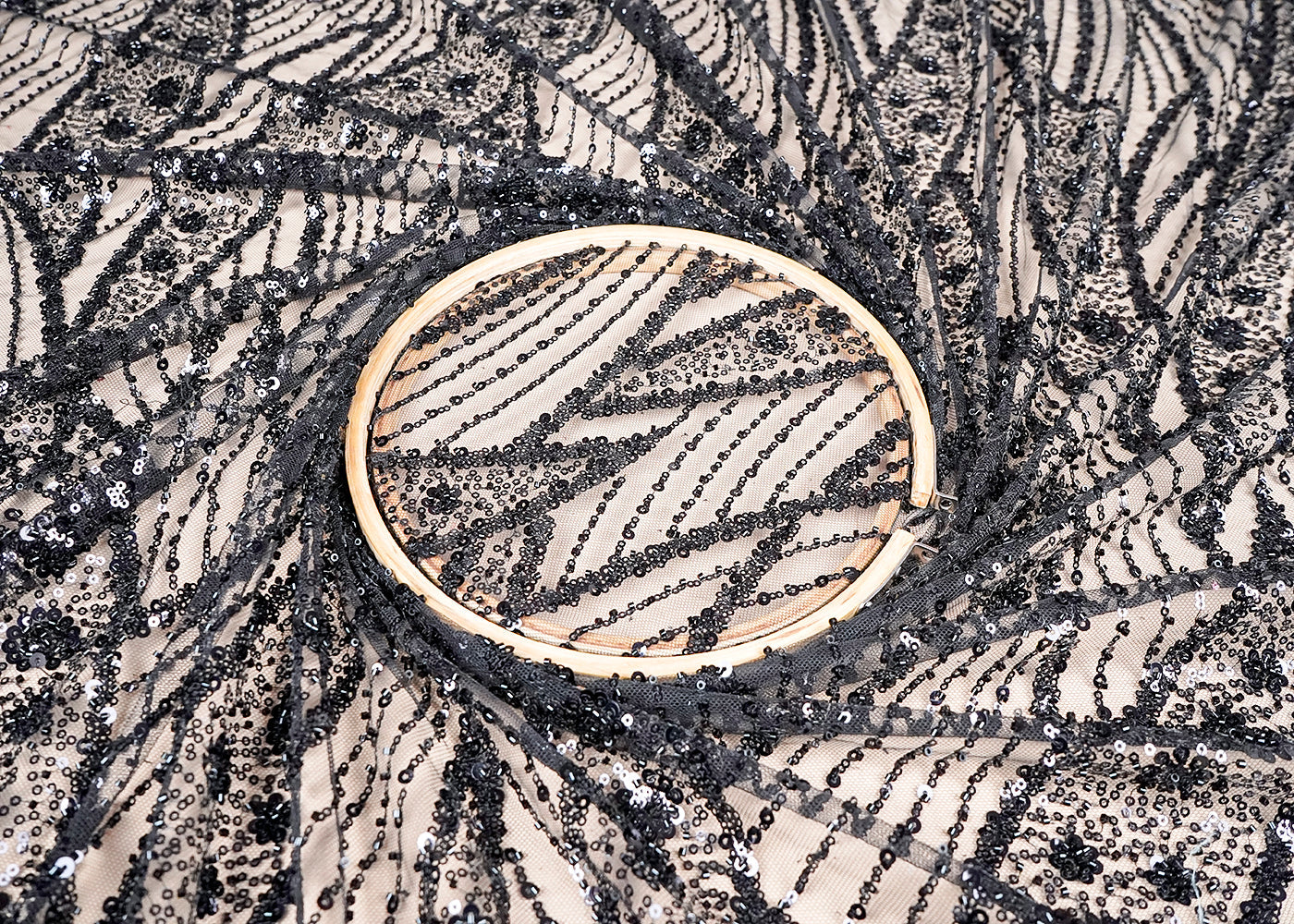(Pre-Cut 1.25 MTR) Black Imported Net Fabric With All Over Sequins And Bead Work 18412
