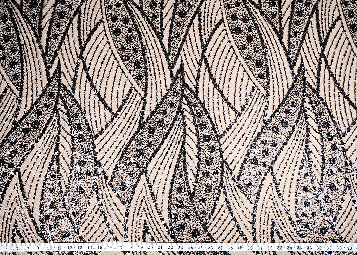 (Pre-Cut 1.25 MTR) Black Imported Net Fabric With All Over Sequins And Bead Work 18412
