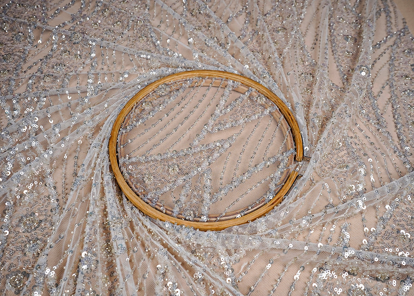 (Pre-Cut 0.8 MTR) White Imported Net Fabric With All Over Sequins And Bead Work 18413