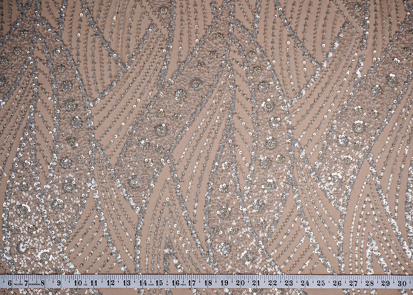 (Pre-Cut 0.8 MTR) White Imported Net Fabric With All Over Sequins And Bead Work 18413