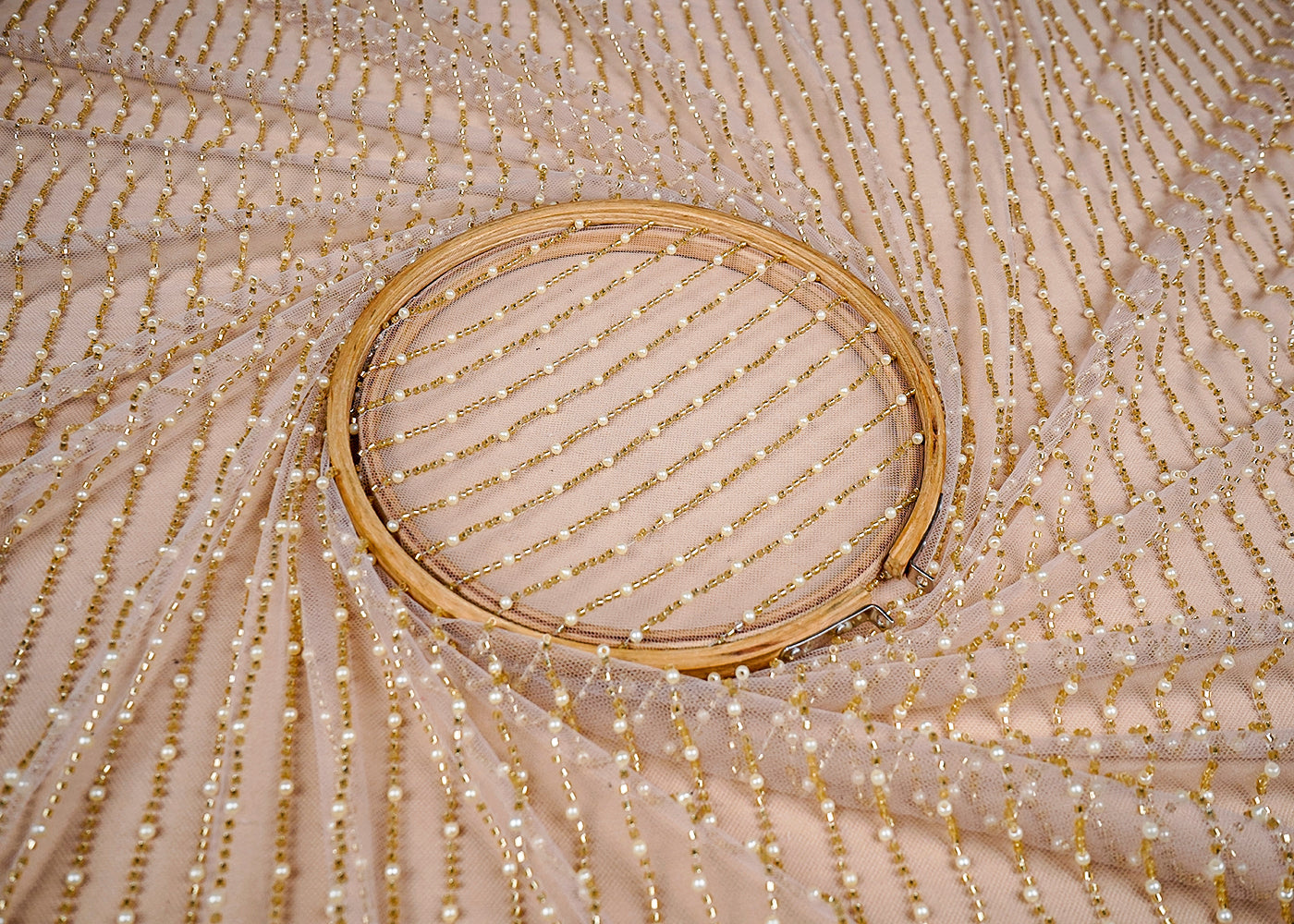 (Pre-Cut 1.55 MTR) Gold Imported Net Fabric With All Over Bead And Katdana Work 18414