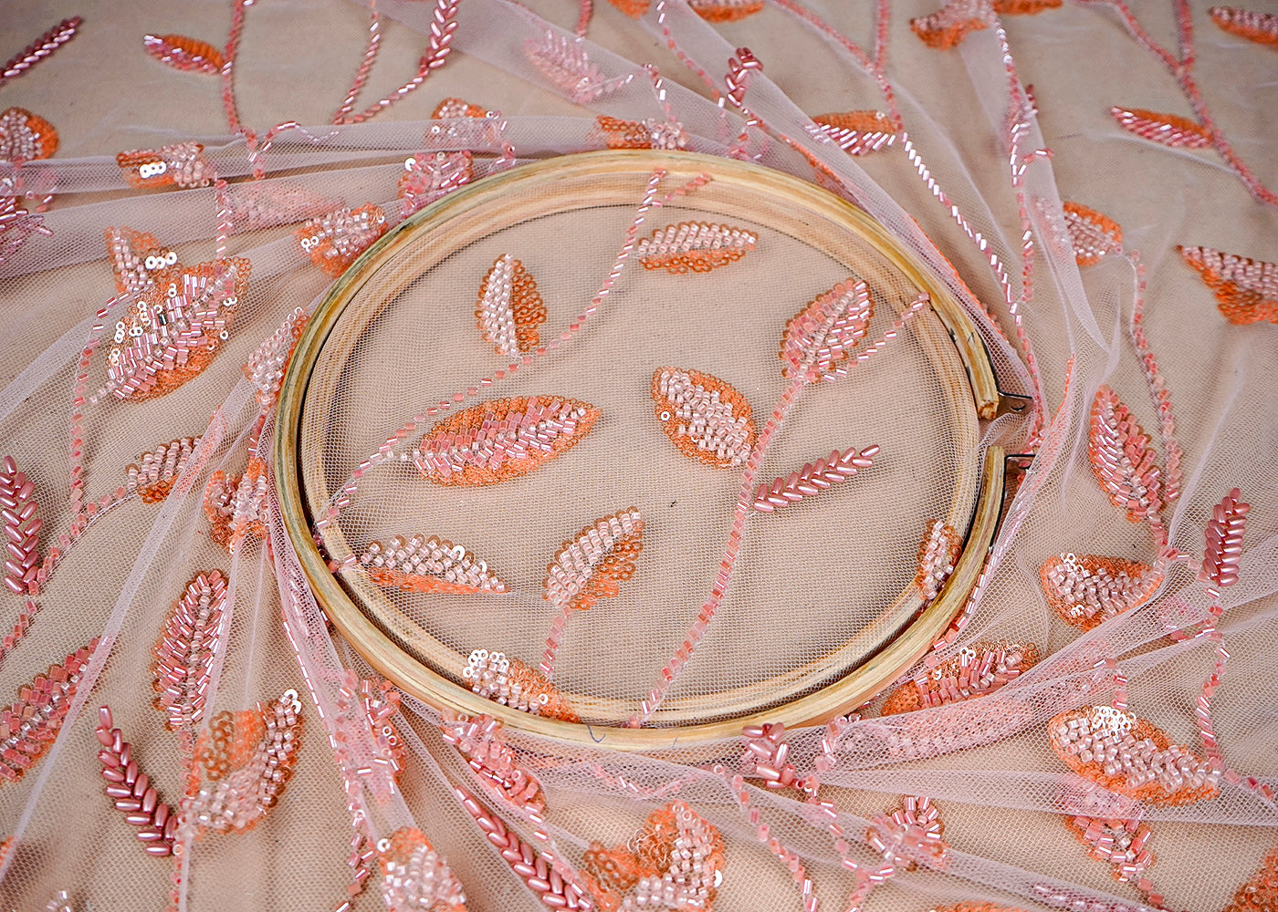 (Pre-Cut 0.7 MTR) Peach Imported Net Fabric With All Over Bead Katdana And Sequins Work With One Side Cutwork Border  18415