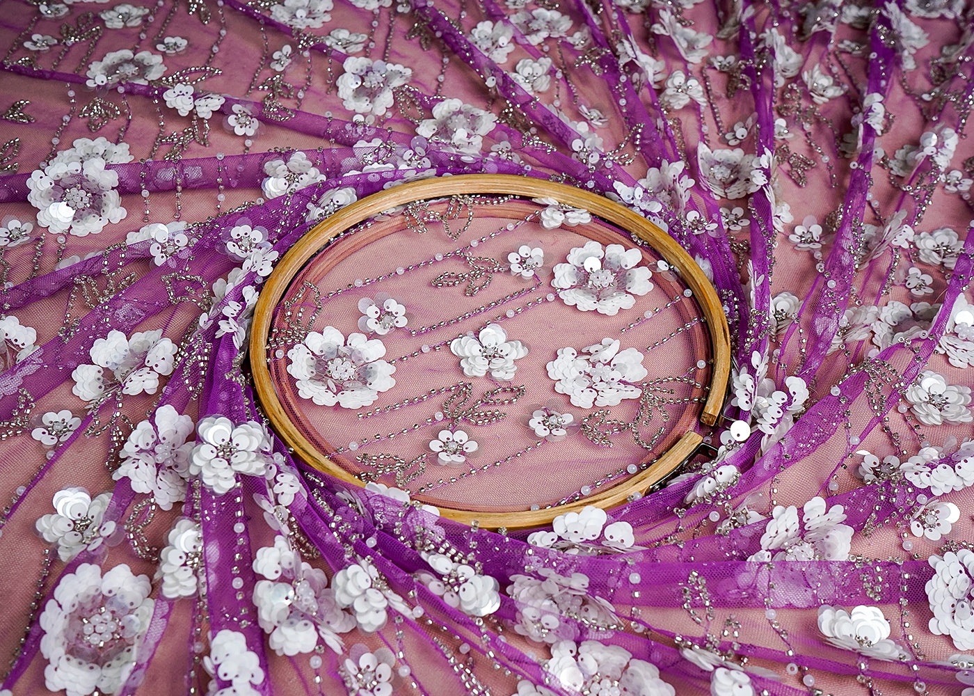 (Pre-Cut 2 MTR) Purple Imported Net Fabric With All Over Sequins And Bead Work 18416