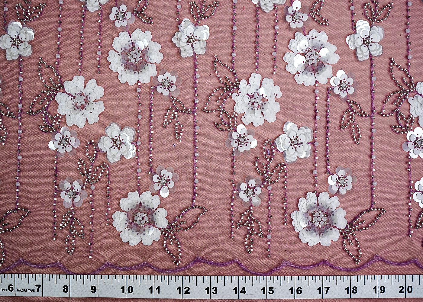 (Pre-Cut 2 MTR) Purple Imported Net Fabric With All Over Sequins And Bead Work 18416