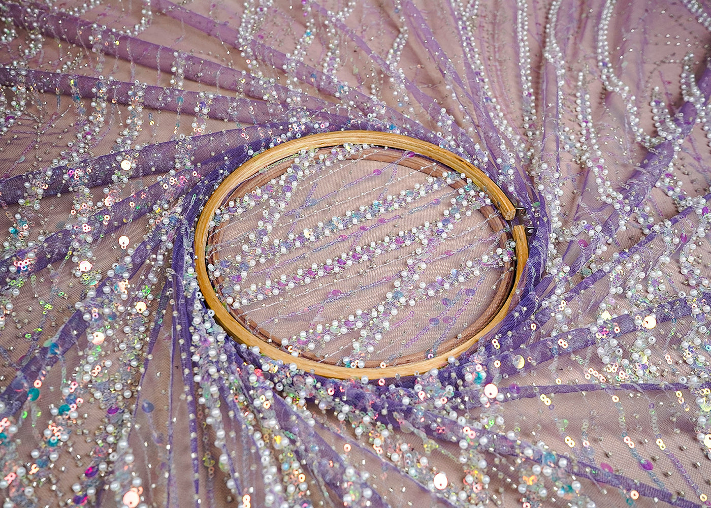 (Pre-Cut 2 MTR) Lavender Imported Net Fabric With All Over Katdana Peral And Rainbow Sequins 18418