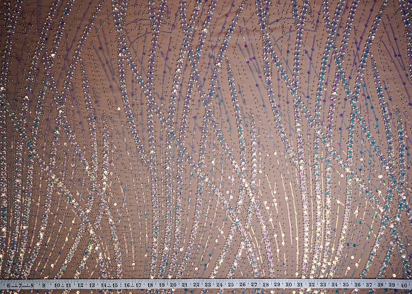 (Pre-Cut 2 MTR) Lavender Imported Net Fabric With All Over Katdana Peral And Rainbow Sequins 18418