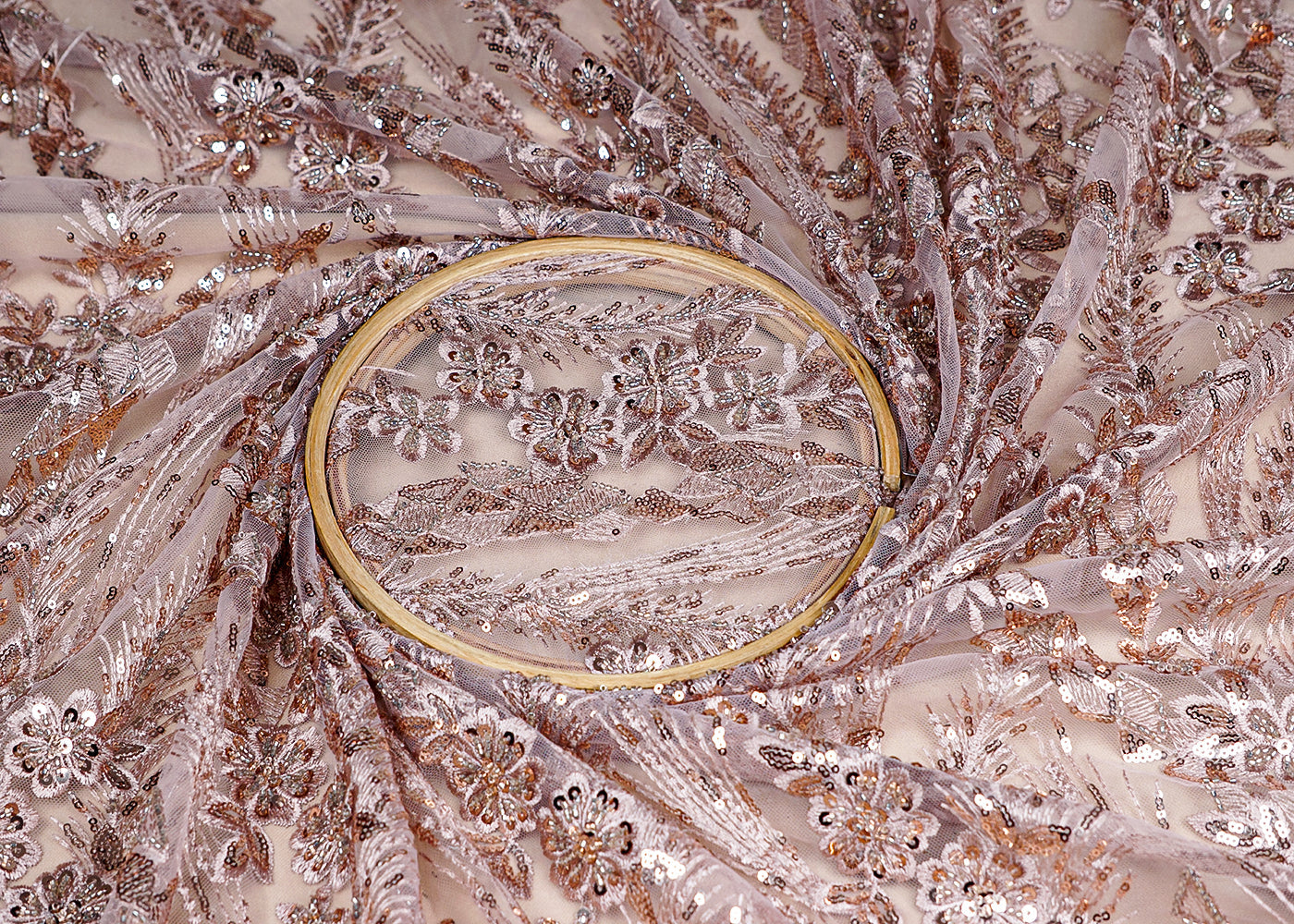 (Pre-Cut 1.35 MTR) Light Beige Imported Net Fabric With All Over Sequins Thread And Bead Work  18419