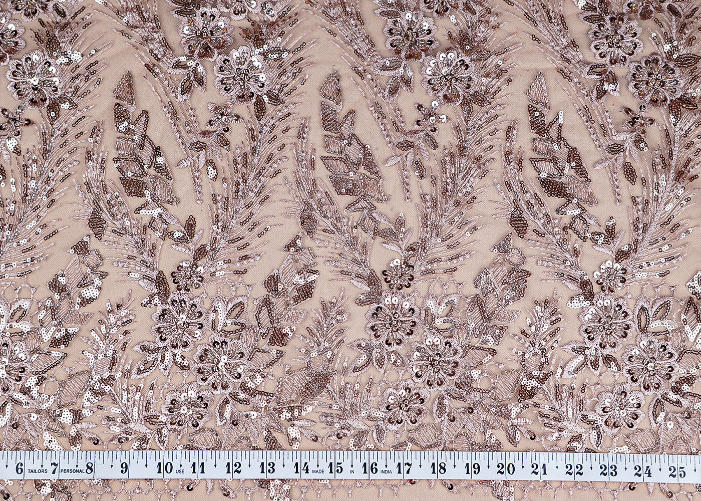 (Pre-Cut 1.35 MTR) Light Beige Imported Net Fabric With All Over Sequins Thread And Bead Work  18419