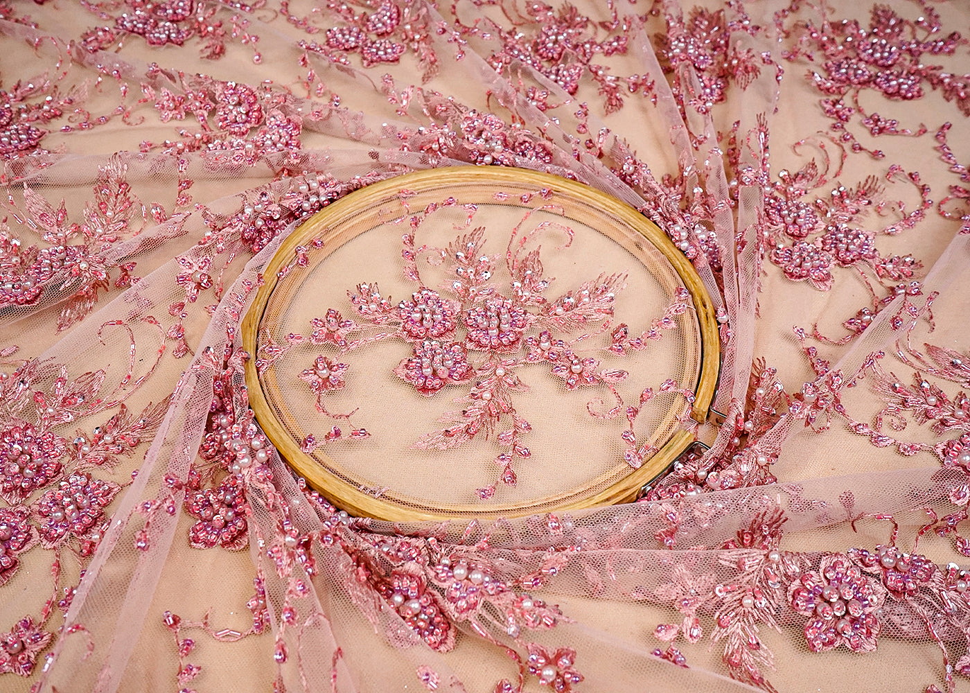 (Pre-Cut 0.8 MTR) Peach Pink Imported Net Fabric With All Over Sequins Thread And Bead Work With Two Side Scalloped Edges 18421