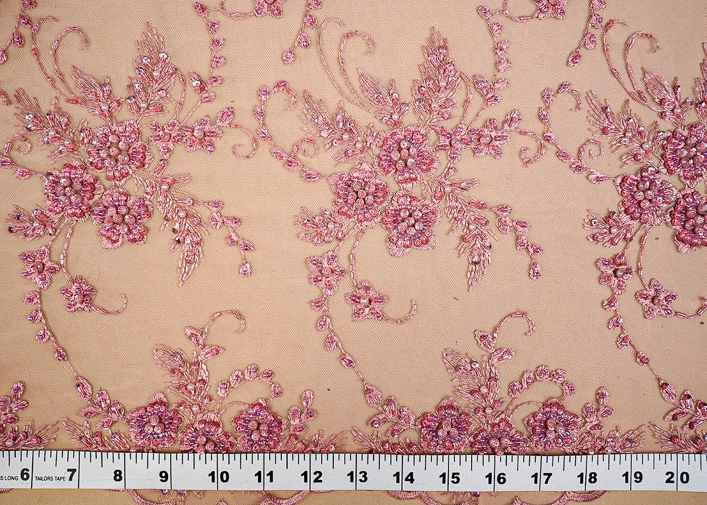 (Pre-Cut 0.8 MTR) Peach Pink Imported Net Fabric With All Over Sequins Thread And Bead Work With Two Side Scalloped Edges 18421