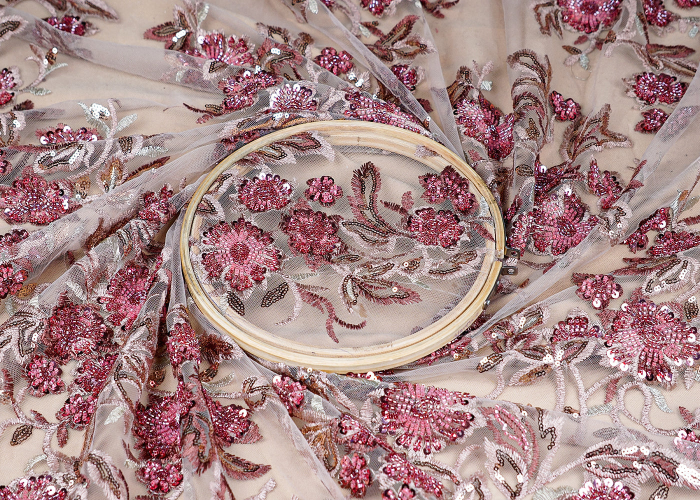 (Pre-Cut 1.8 MTR) Light Pink Imported Net Fabric With All Over Thread, Bead And Sequins Work 18422
