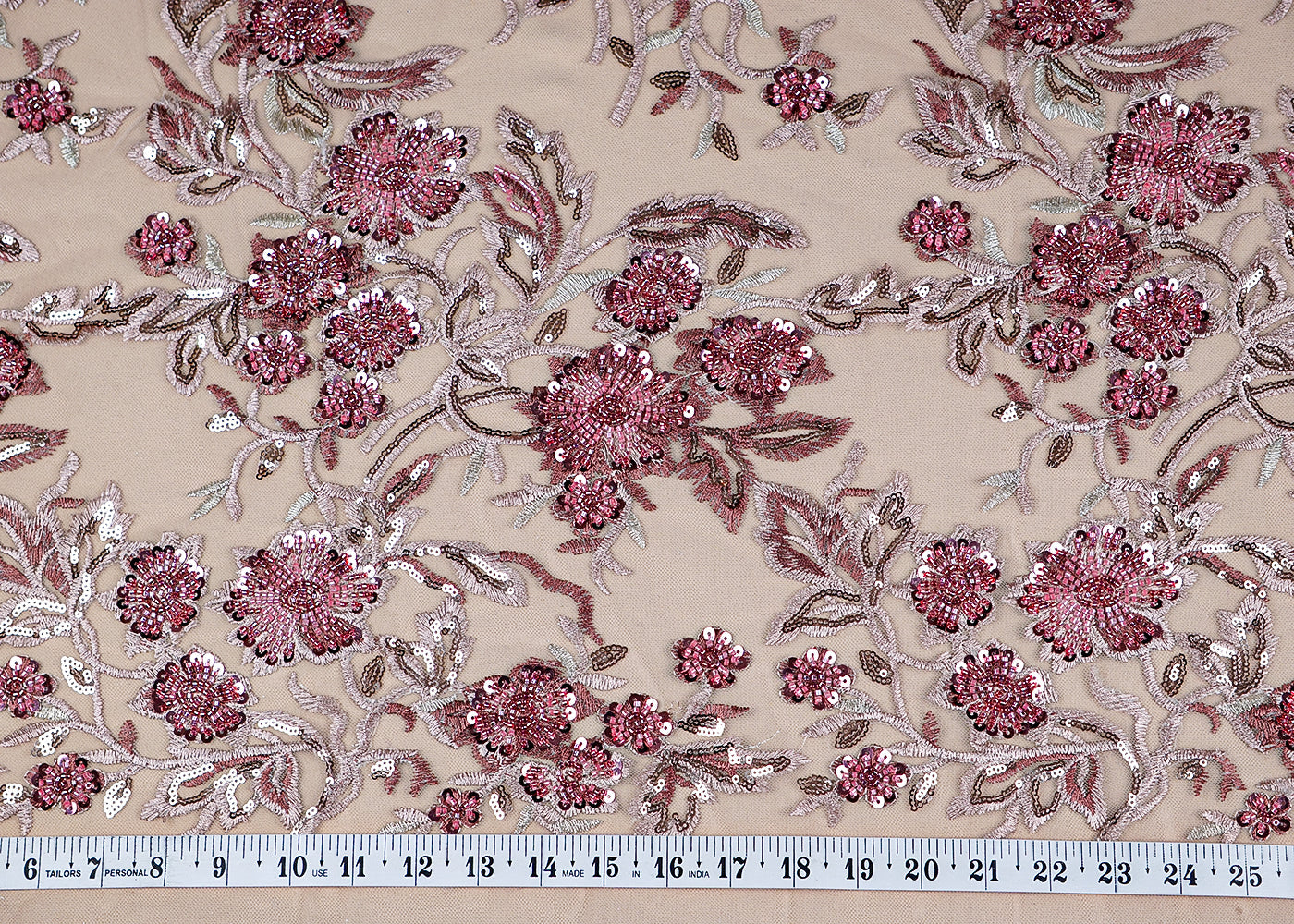 (Pre-Cut 1.8 MTR) Light Pink Imported Net Fabric With All Over Thread, Bead And Sequins Work 18422
