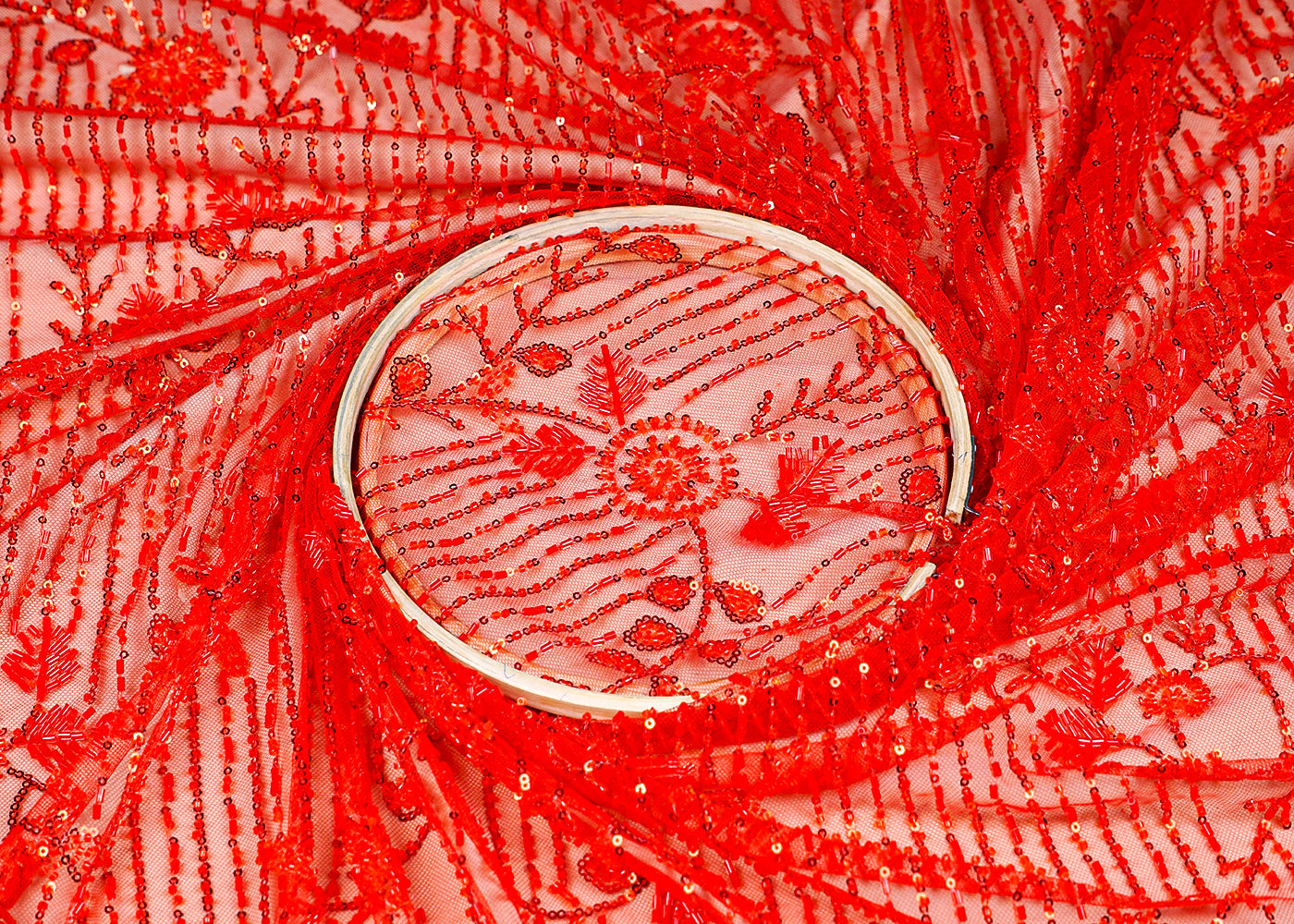 (Pre-Cut 1.5 MTR) Red Imported Net Fabric With All Over Sequins Katdana And Bead Work With One Side Border 18424