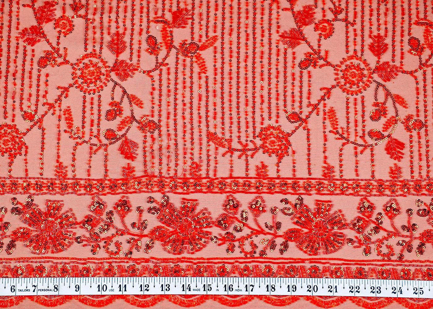 (Pre-Cut 1.5 MTR) Red Imported Net Fabric With All Over Sequins Katdana And Bead Work With One Side Border 18424