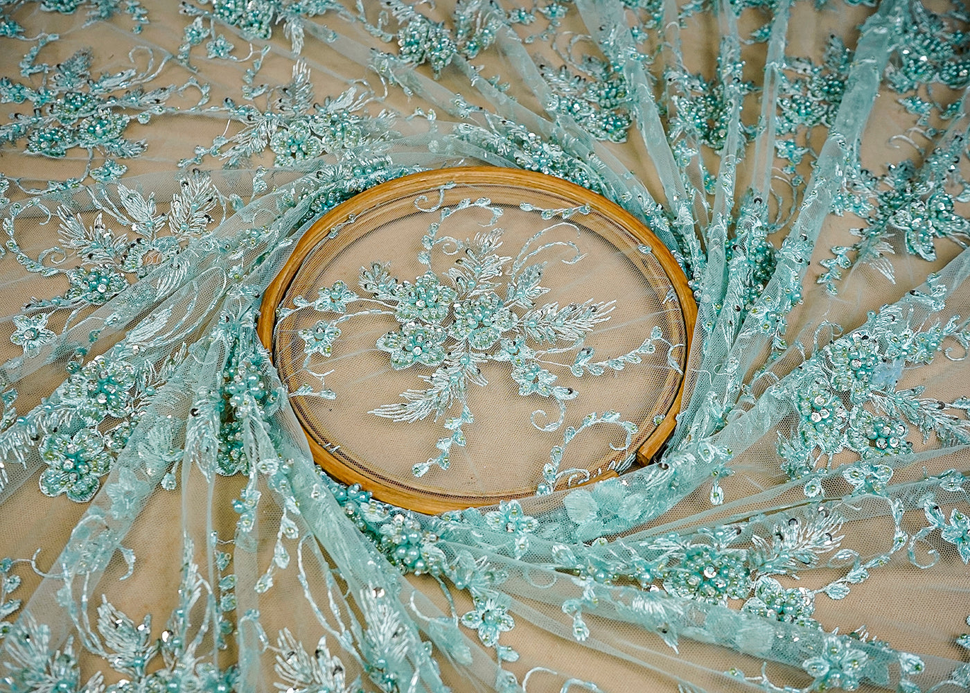 (Pre-Cut 2 MTR) Sea Green Imported Net Fabric With All Over Thread Zari Bead And Sequins Work With Two Side Scalloped Edges 18425