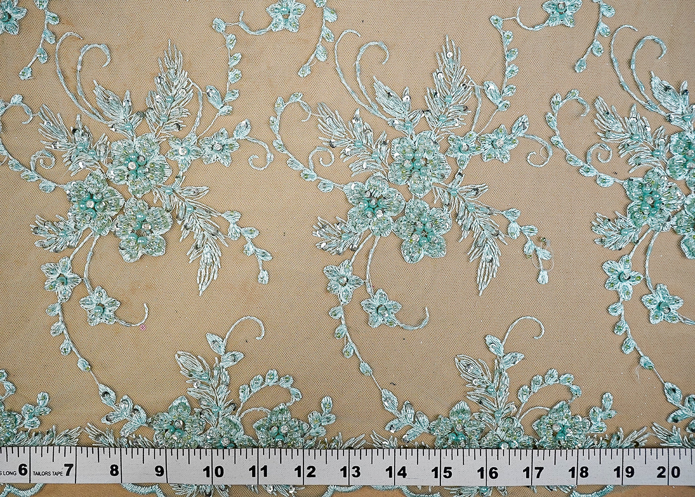 (Pre-Cut 2 MTR) Sea Green Imported Net Fabric With All Over Thread Zari Bead And Sequins Work With Two Side Scalloped Edges 18425