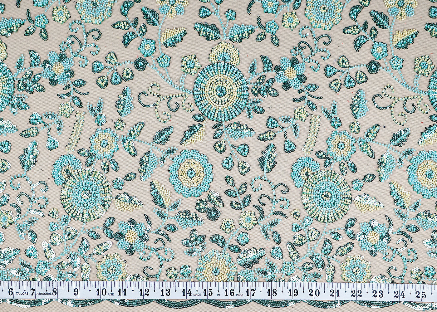 (Pre-Cut 1.3 MTR) Sea Green Imported Net Fabric With All Over Applique Work With Two Side Scalloped Edges 18426