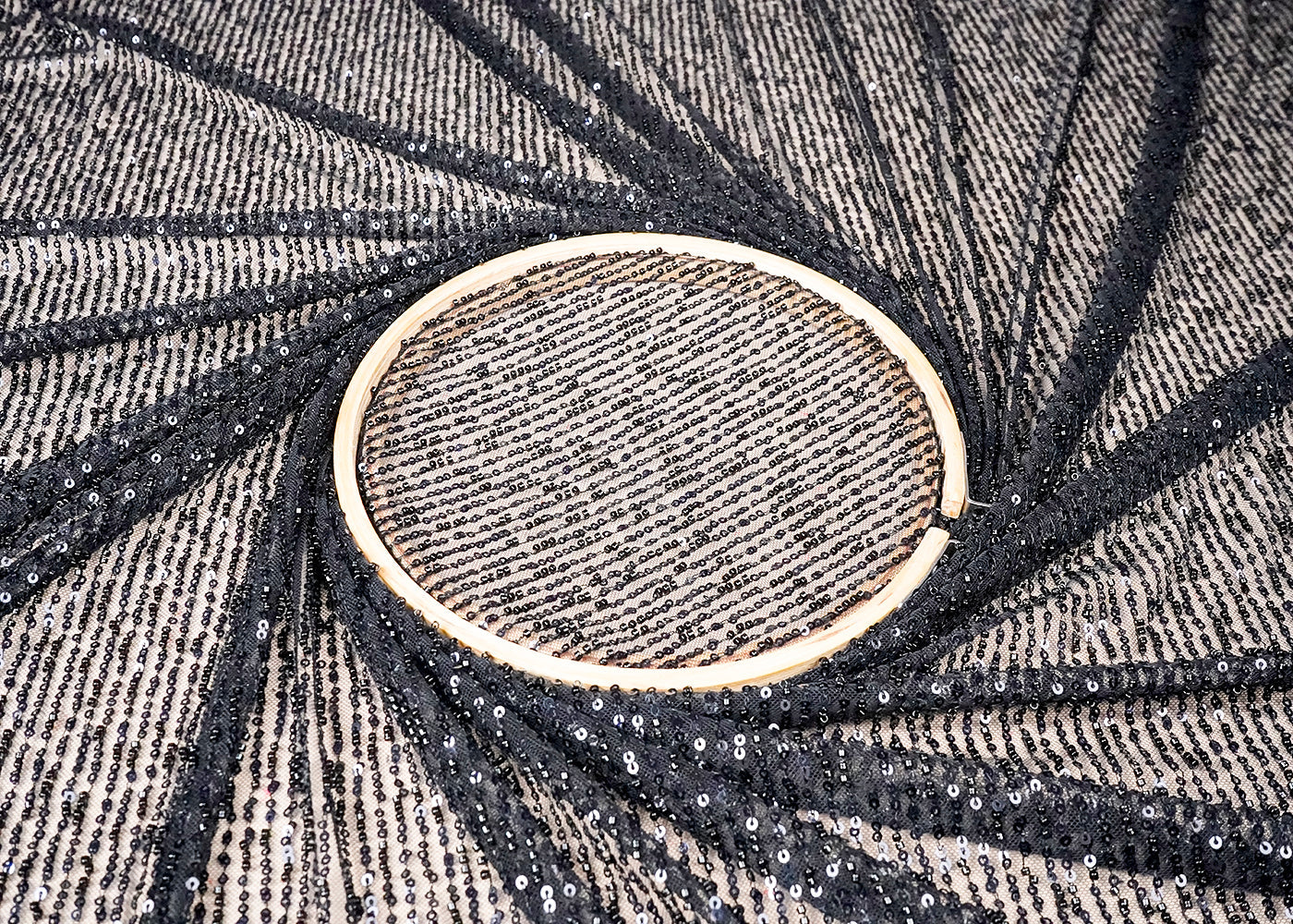 (Pre-Cut 1.8 MTR) Black Imported Net Fabric With All Over Sequins And Bead Work 18428