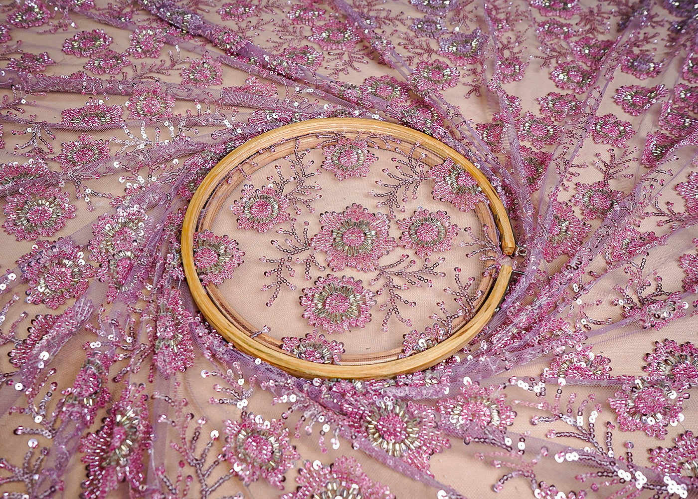 (Pre-Cut 2.1 MTR) Blush Pink Imported Net Fabric With All Over Sequins And Bead Work 18430