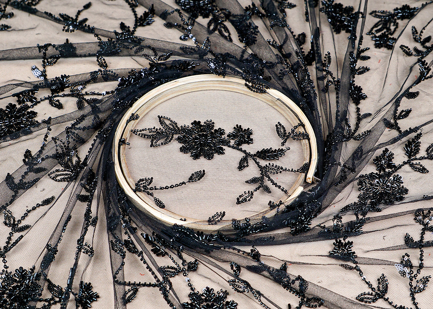 (Pre-Cut 1 MTR) Black Imported Net Fabric With All Over Sequins And Bead Work And One Side Border 18433