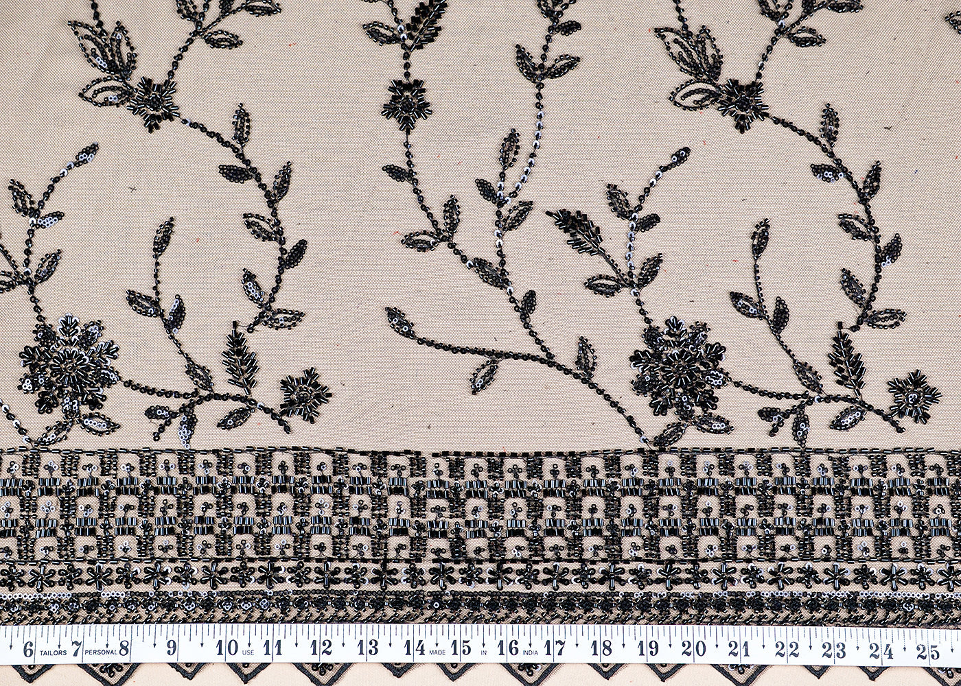 (Pre-Cut 1 MTR) Black Imported Net Fabric With All Over Sequins And Bead Work And One Side Border 18433