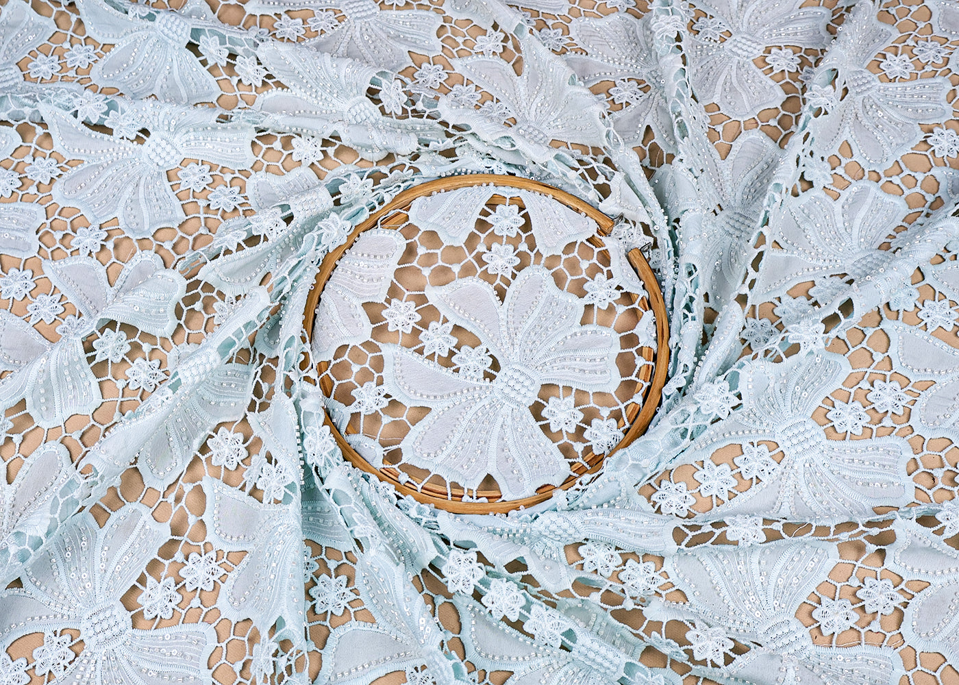 (Pre-Cut 1.35 MTR) Sky Blue Crepe Fabric With All Over Abstract Pattern With Cutwork 18434